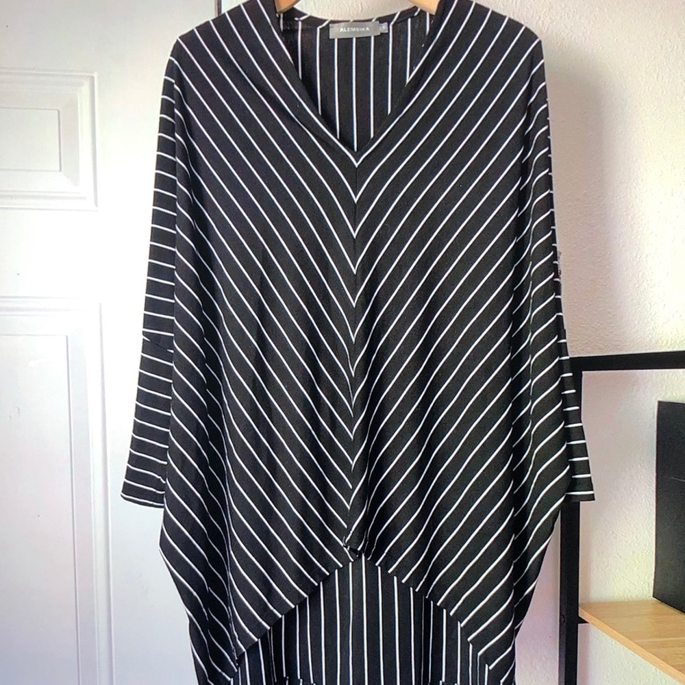 Alfani Black & White Striped V-Neck Poncho Top